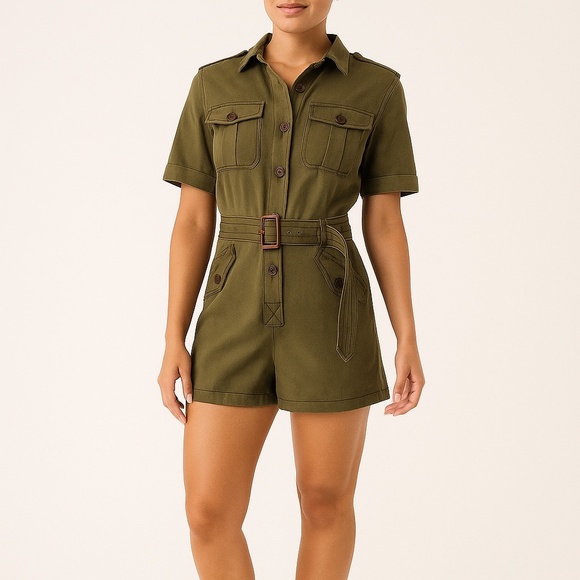 Reiss | Size 0 | Utility Short-Sleeve Belted Romper | Olive Green - Picture 1 of 11